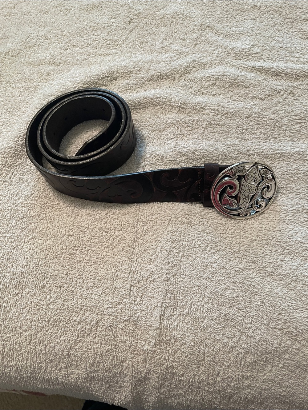 Brighton Dark Brown Tooled Leather Belt with Decorative Silver Buckle
